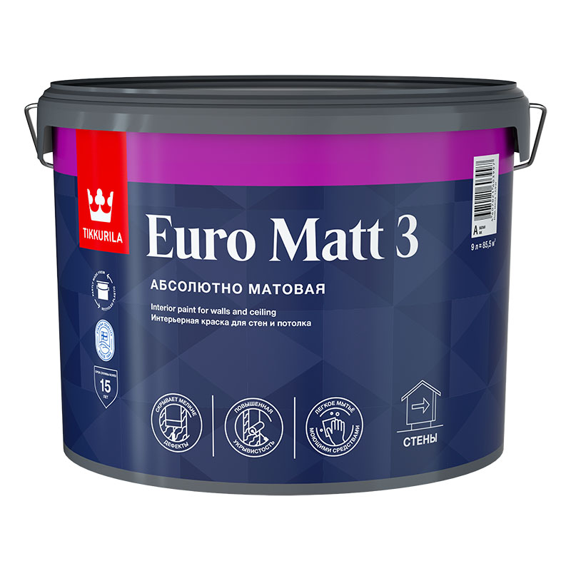 КРАСКА "EURO MATT-3" БАЗА С 9 Л (3) ИНТЕРЬЕРНАЯ "ТИККУРИЛА"						
