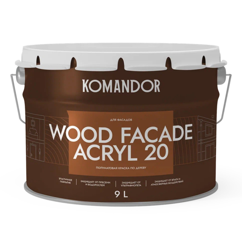 KOMANDOR WOOD FACADE ACRYL 20, КРАСКА ДЛЯ ДЕРЕВЯННЫХ ФАСАДОВ ПОЛУМАТОВАЯ, БАЗА А, БЕЛАЯ, 9 Л