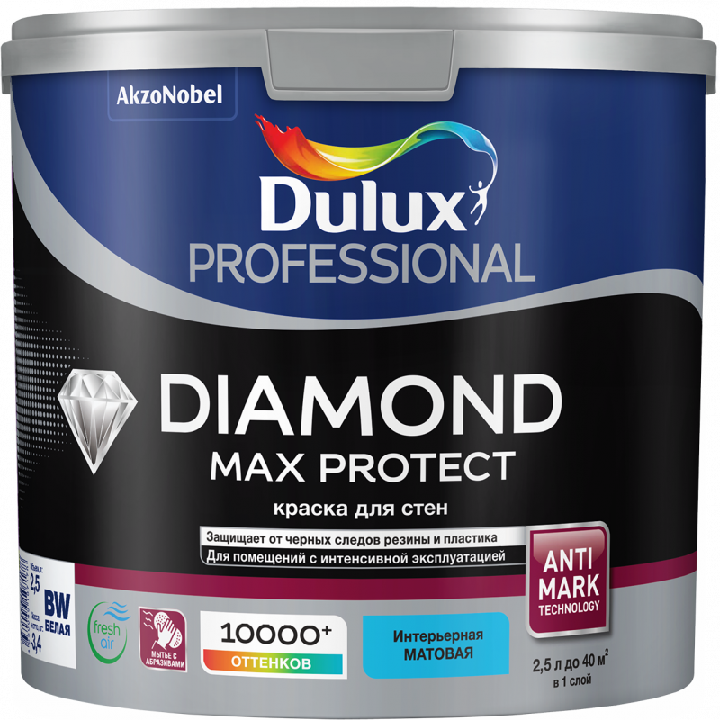 DULUX PROFESSIONAL DIAMOND MAX PROTECT для стен и потолков износостойкая матовая база BW 2,5л