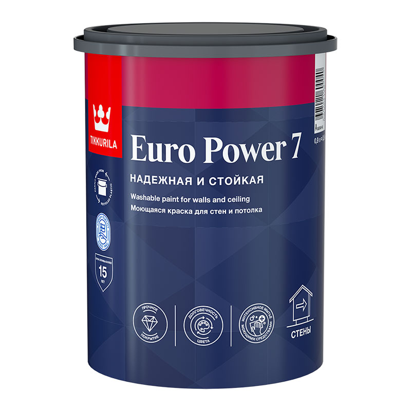 КРАСКА "EURO POWER-7"  БАЗА С  0,9 Л (6) МОЮЩАЯСЯ ДЛЯ СТЕН И ПОТОЛКОВ "ТИККУРИЛА"						