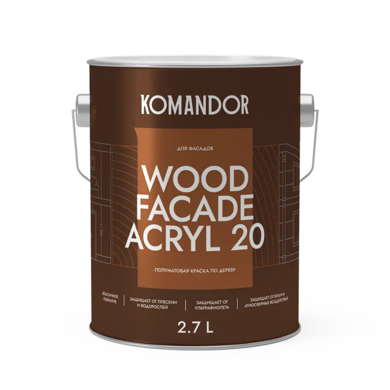 KOMANDOR WOOD FACADE ACRYL 20, КРАСКА ДЛЯ ДЕРЕВЯННЫХ ФАСАДОВ ПОЛУМАТОВАЯ, БАЗА А, БЕЛАЯ, 2,7 Л