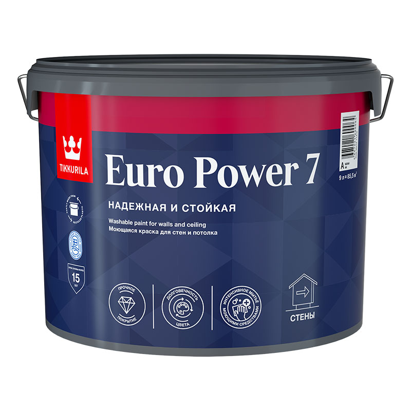 КРАСКА "EURO POWER-7"  БАЗА С  9 Л (1) МОЮЩАЯСЯ ДЛЯ СТЕН И ПОТОЛКОВ "ТИККУРИЛА"						