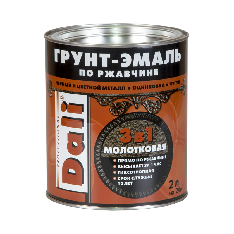 ГРУНТ-ЭМАЛЬ ПО РЖАВЧИНЕ "DALI" 3в1 МОЛОТКОВАЯ ШОКОЛАДНАЯ 2л "РОГНЕДА"